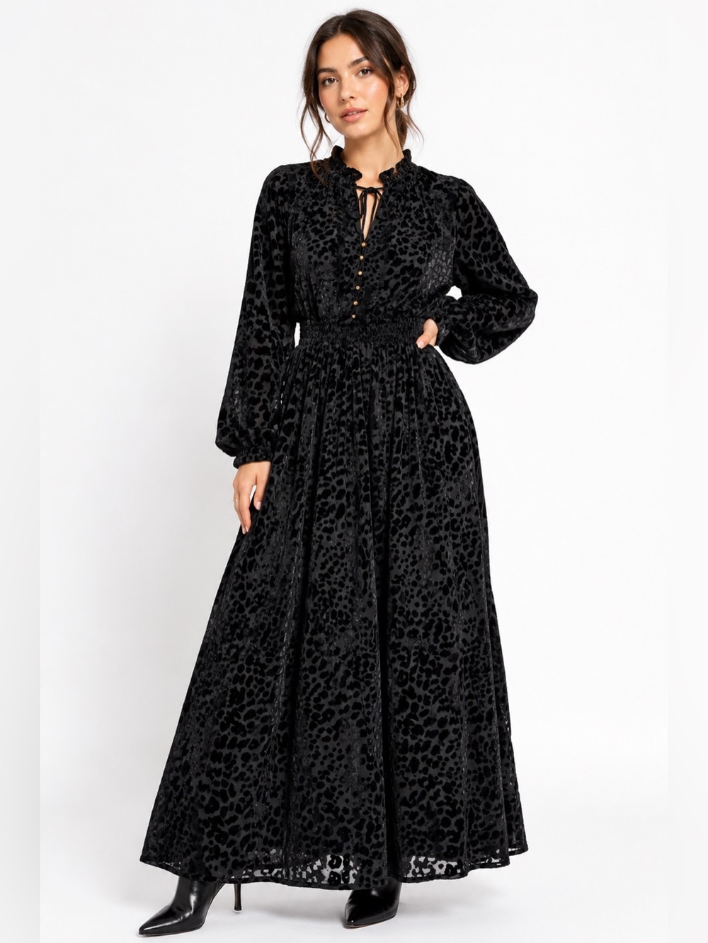 Y2K Vintage Melloday Jacquard Velour Leopard Maxi Dress (Black) Size S/M